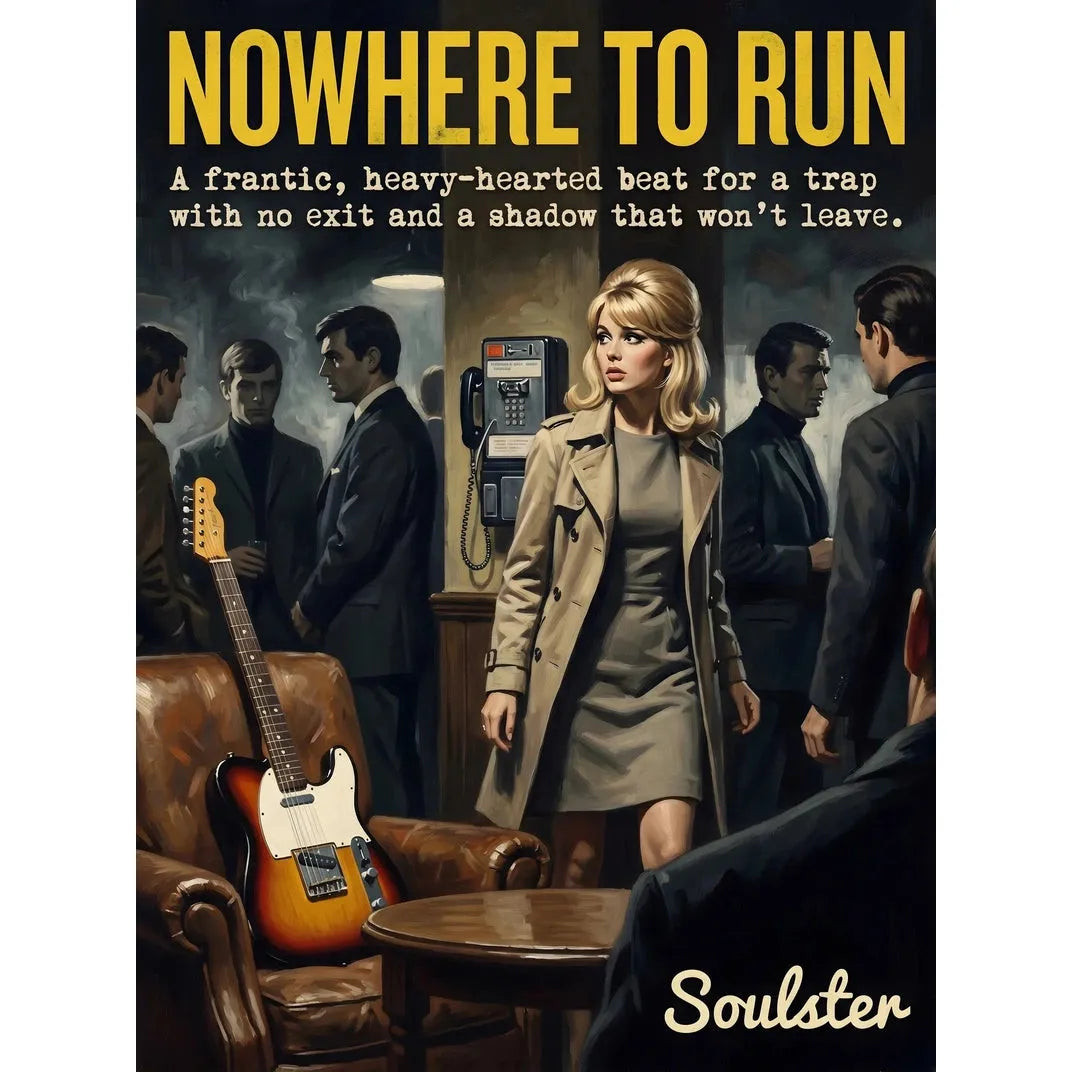 Soulster cinematic vintage pulp book cover art print illustration styled in a classic 1960s theme inspired by Nowhere To Run.