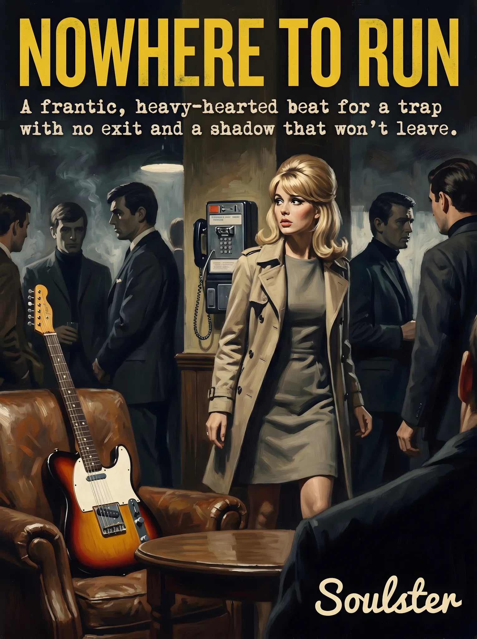 Soulster cinematic vintage pulp book cover art print illustration styled in a classic 1960s theme inspired by Nowhere To Run.
