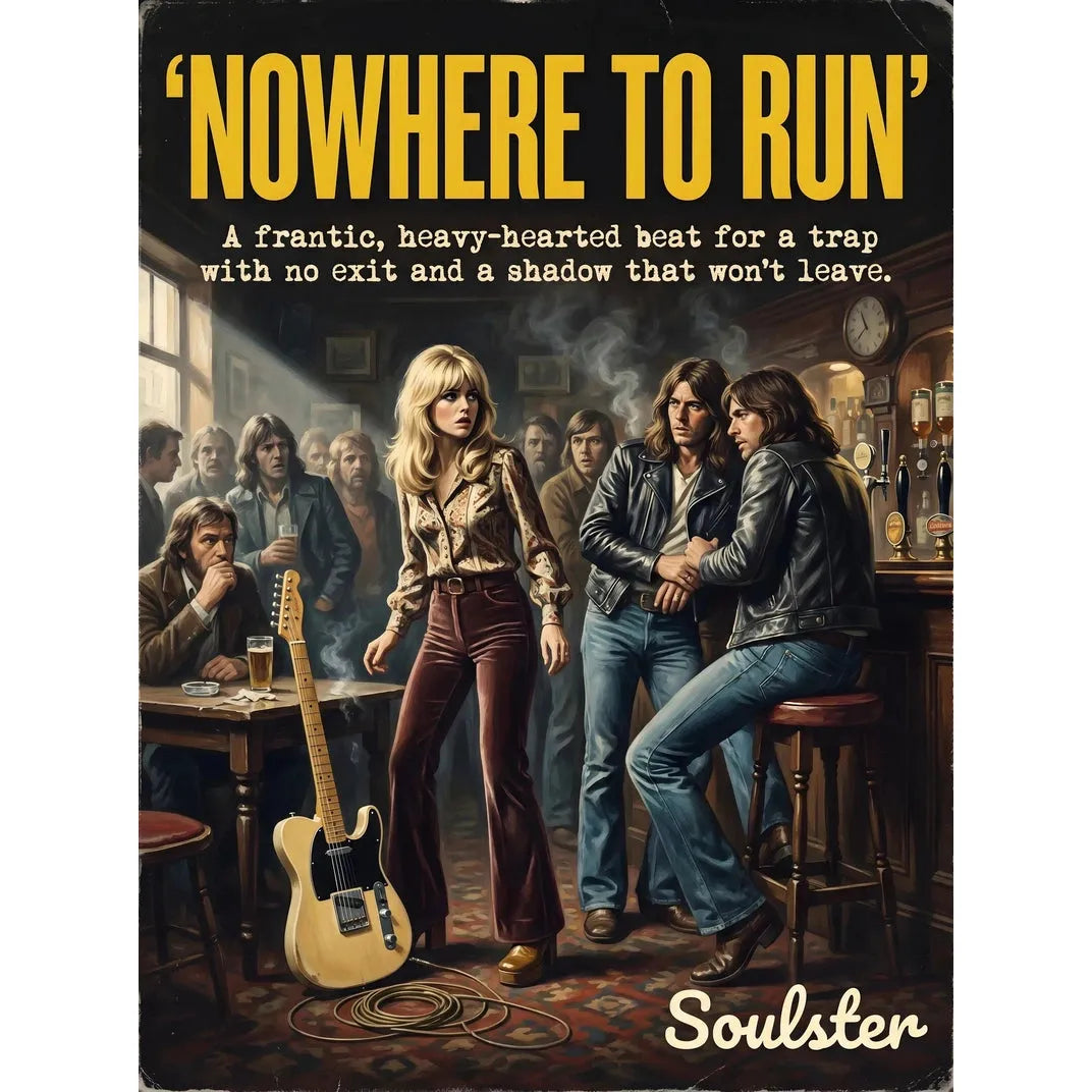 Soulster cinematic vintage pulp book cover art print illustration styled in a classic 1970s theme inspired by Nowhere To Run.