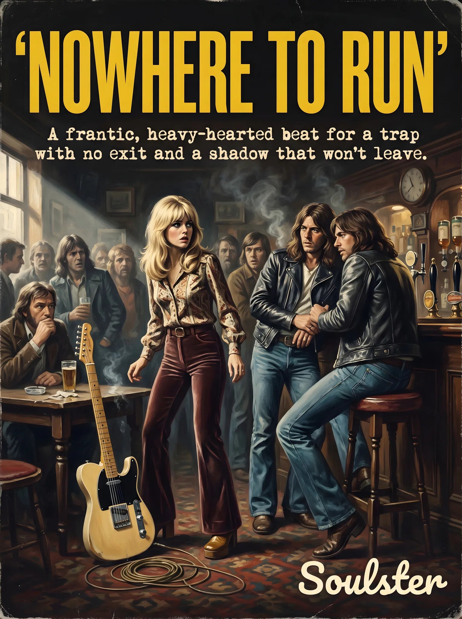 Soulster cinematic vintage pulp book cover art print illustration styled in a classic 1970s theme inspired by Nowhere To Run.
