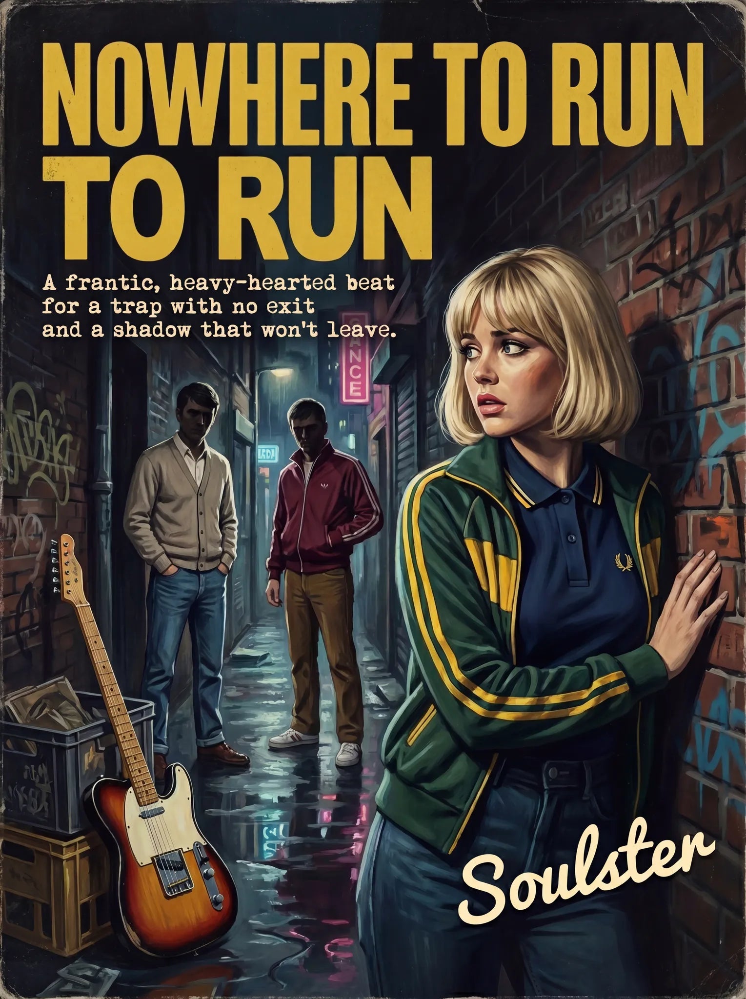 Soulster retro pulp thriller book cover style art print illustration inspired by Alternative Indie - Nowhere To Run.