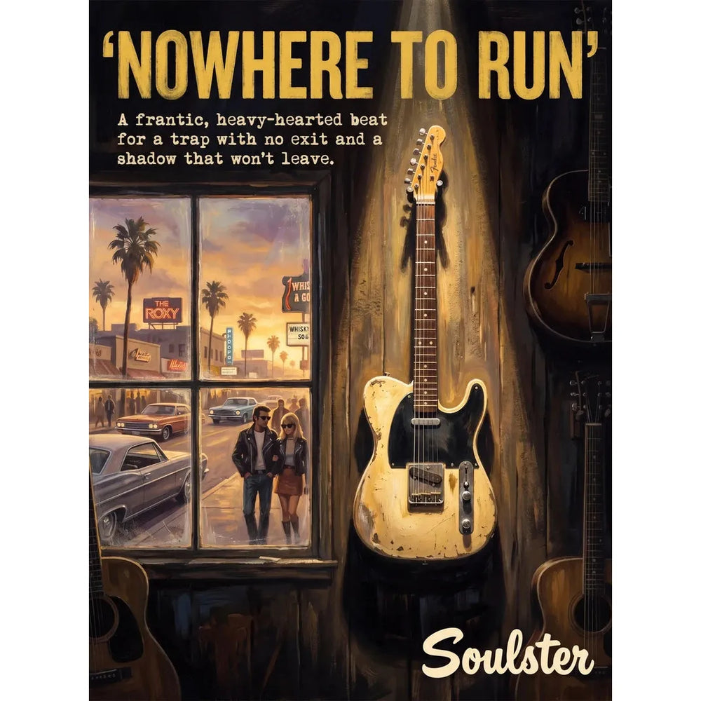 Soulster Manchester Edition wall art print showing a cinematic pulp style design of a Vintage Guitar inspired by Nowhere To Run - Los Angeles.
