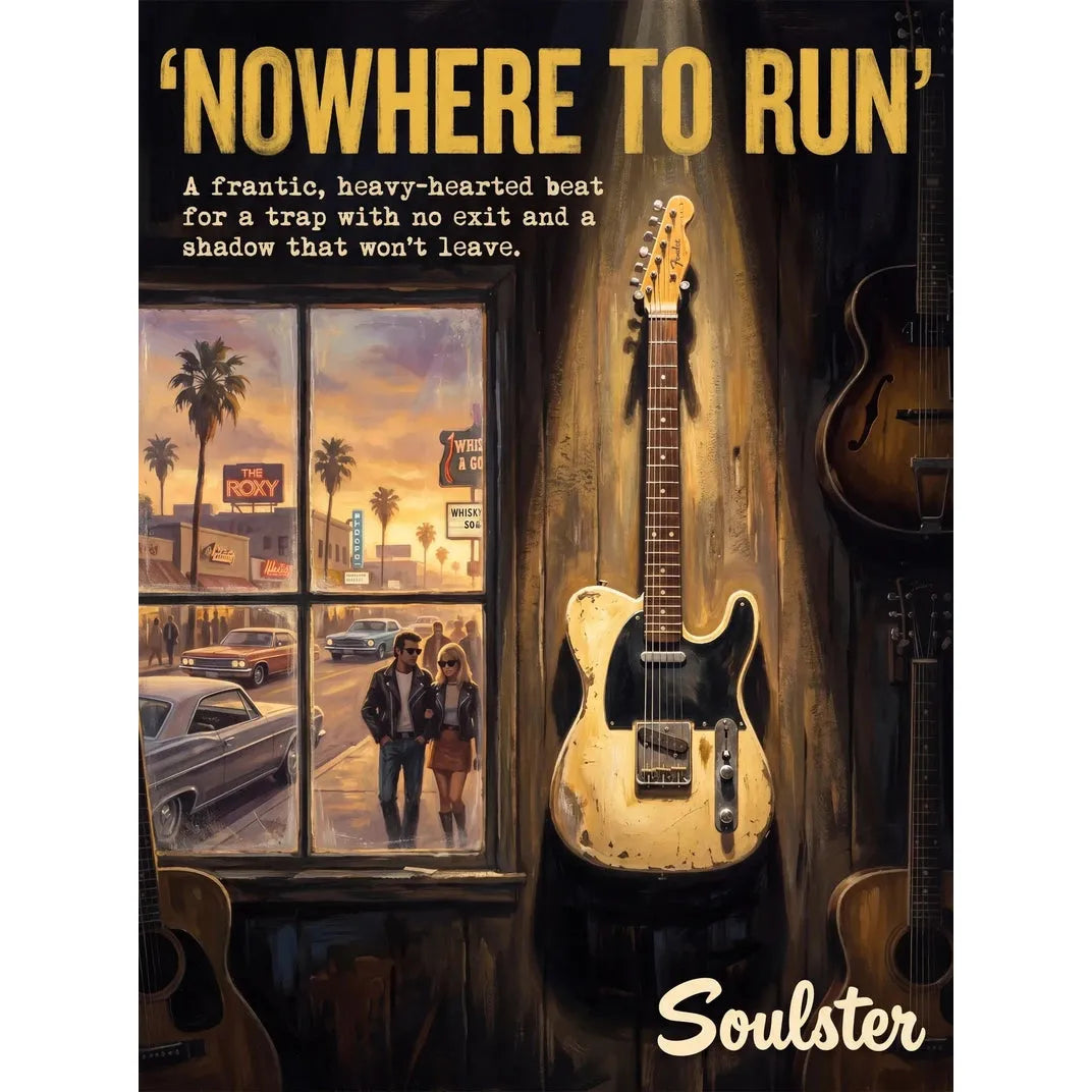Soulster Manchester Edition wall art print showing a cinematic pulp style design of a Vintage Guitar inspired by Nowhere To Run - Los Angeles.