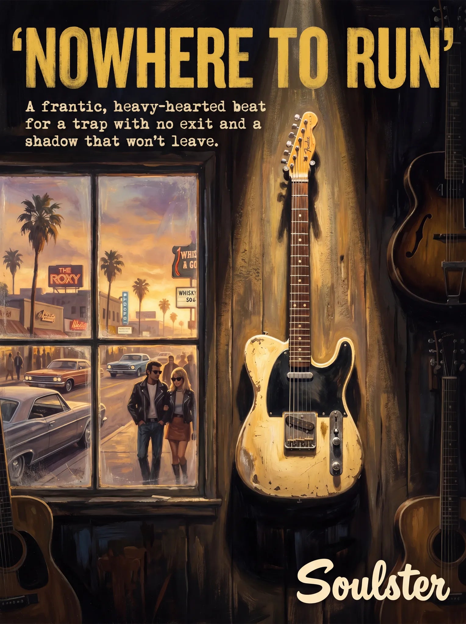 Soulster Manchester Edition wall art print showing a cinematic pulp style design of a Vintage Guitar inspired by Nowhere To Run - Los Angeles.