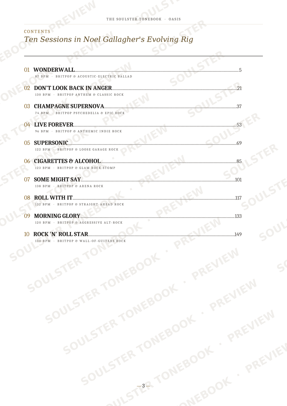A printed table of contents page from 'The Soulster Chronicles' titled 'Ten Sessions in Noel Gallagher's Evolving Rig', showing song titles, pages, and section headings on a white page with faint diagonal watermark text.