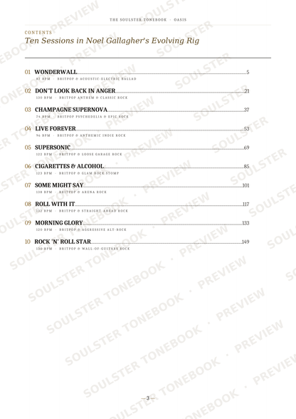 A printed table of contents page from 'The Soulster Chronicles' titled 'Ten Sessions in Noel Gallagher's Evolving Rig', showing song titles, pages, and section headings on a white page with faint diagonal watermark text.