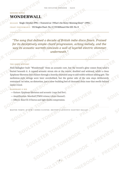 A text-heavy printed page about the song 'Wonderwall' with song title, artist, release info, chart performance, a quote, track history, and technical production details on a white page.