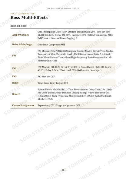 A technical specification table for the Boss GT-1000 multi-effects guitar pedal, detailing parameters like amp cabinet, drive/gain stage, FX1, FX2, FX3, delay, and reverb settings. The page features a white background with black text and diagonal watermark text reading 'SOULSTER TONEBOOKS'.