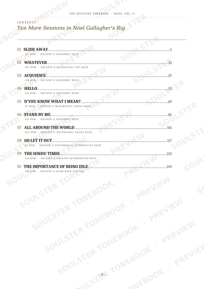 A printed table of contents page from a book, titled 'Ten More Sessions in Noel Gallagher's Big', showing chapter and page numbers with repeated diagonal 'SOULSTOREPREVIEW' watermarks across the page.