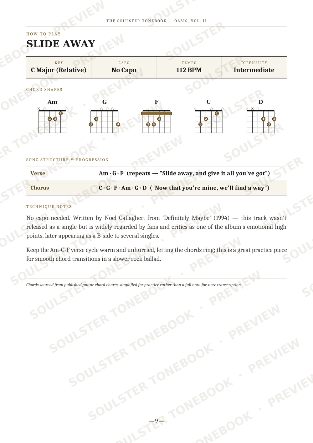 A guitar practice sheet titled 'Slide Away' from The Solstice Touring Album, showing chord charts, strumming patterns, and lyrics with repeated 'SOULSTER TONEBOOKS PREVIEW' watermarks across the page.