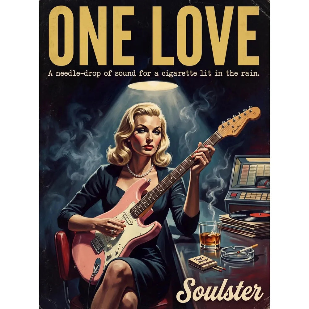 Soulster cinematic vintage pulp book cover art print illustration styled in a classic 1950s design layout inspired by One Love.