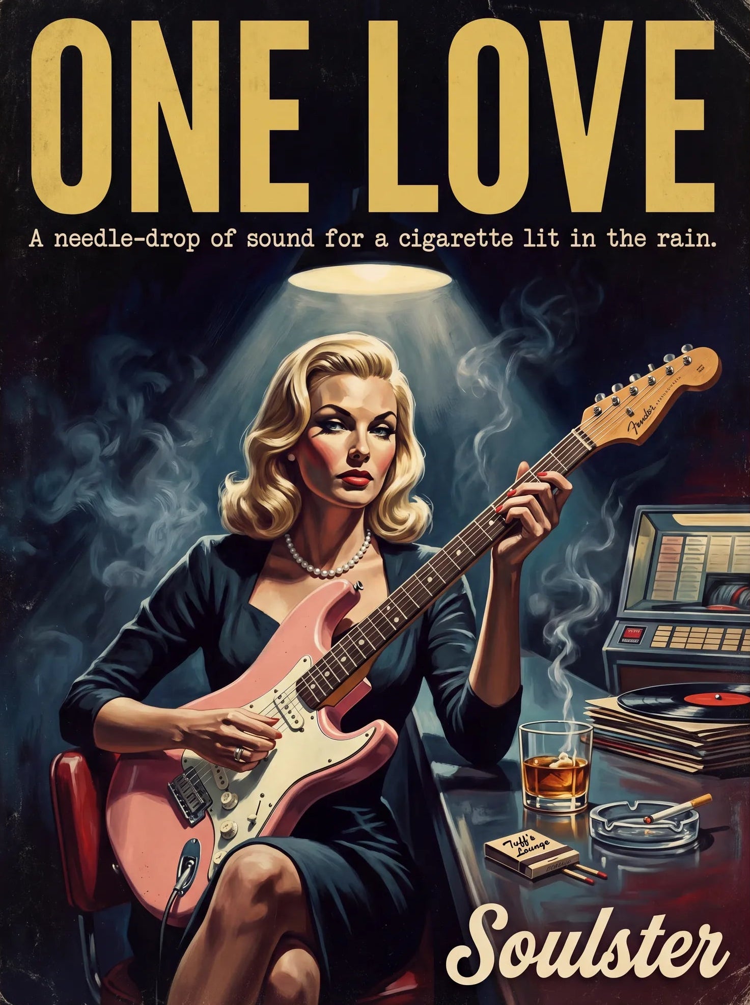 Soulster cinematic vintage pulp book cover art print illustration styled in a classic 1950s design layout inspired by One Love.
