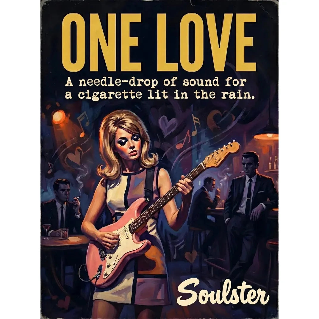 Soulster cinematic vintage pulp book cover art print illustration styled in a classic 1960s design layout inspired by One Love.