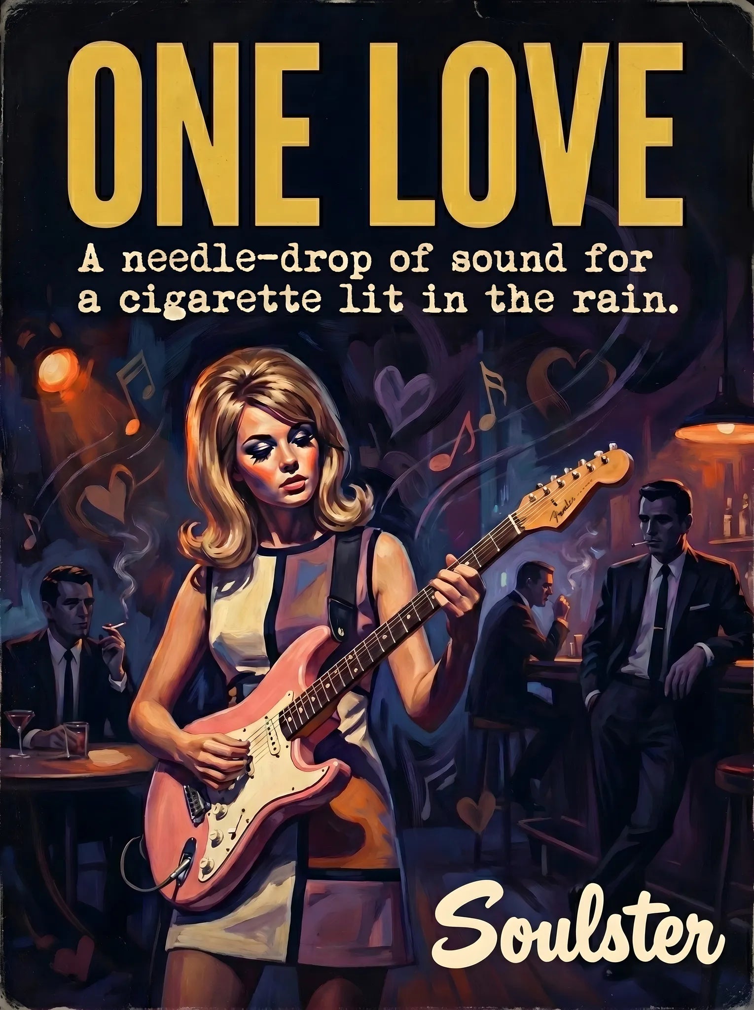 Soulster cinematic vintage pulp book cover art print illustration styled in a classic 1960s design layout inspired by One Love.
