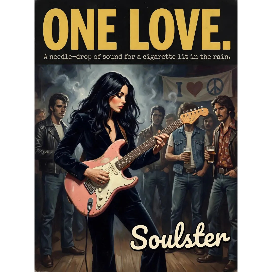 Soulster cinematic vintage pulp book cover art print illustration styled in a classic 1970s design layout inspired by One Love.