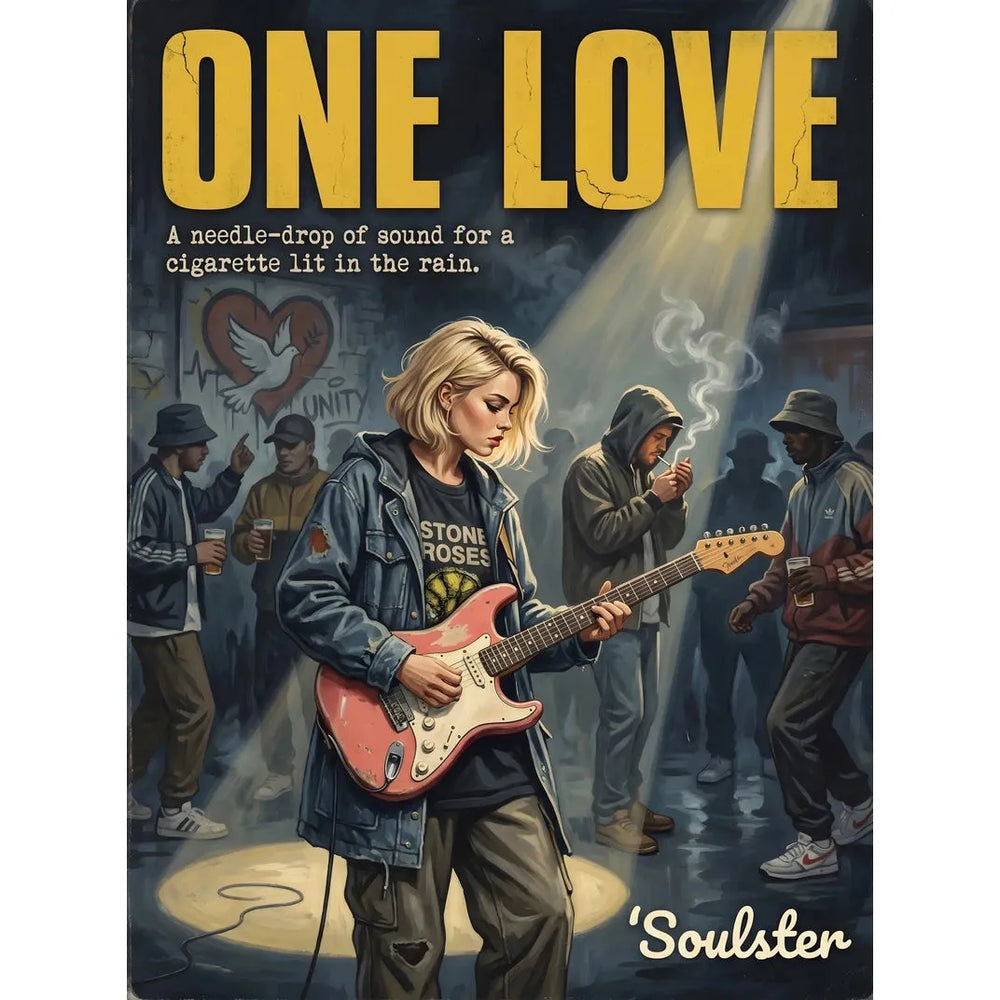 Soulster cinematic vintage pulp book cover art print illustration styled in a classic 1990s design layout inspired by One Love.