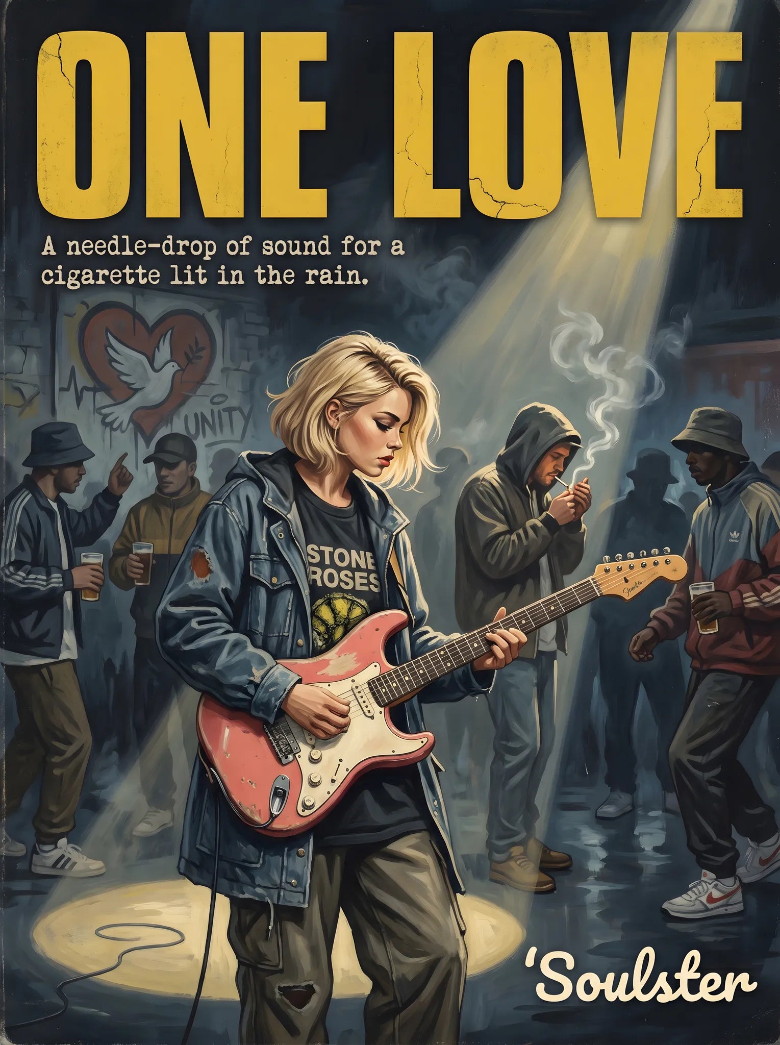 Soulster cinematic vintage pulp book cover art print illustration styled in a classic 1990s design layout inspired by One Love.