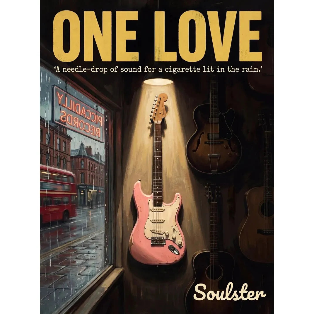Soulster Manchester Edition wall art print showing a cinematic pulp style design of a Vintage Guitar inspired by One Love.