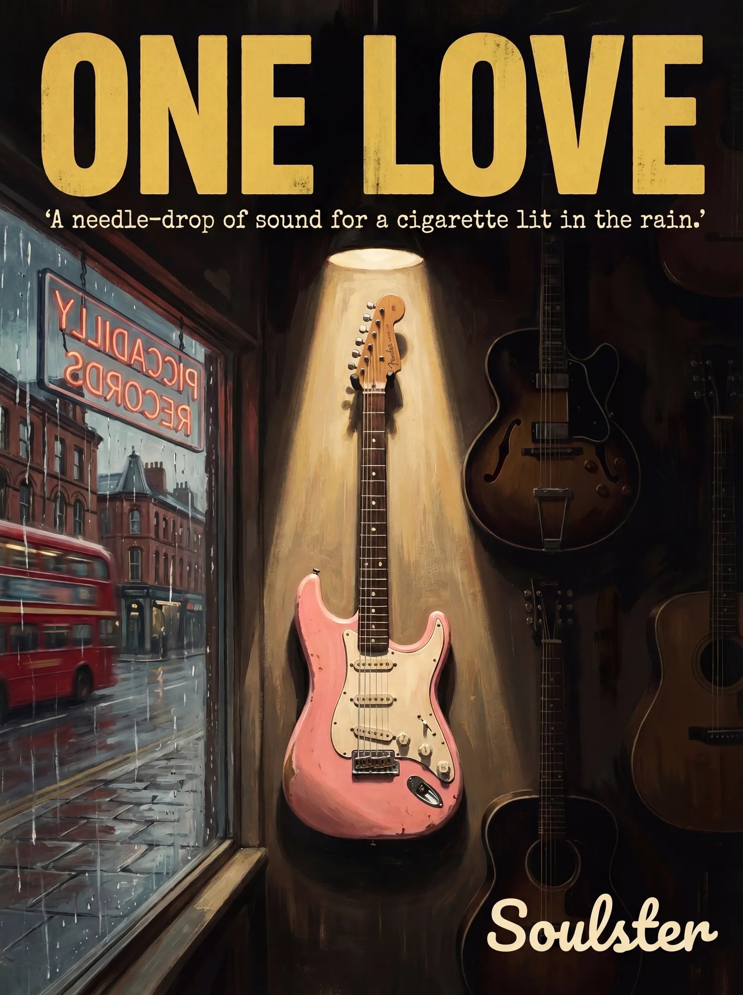 Soulster Manchester Edition wall art print showing a cinematic pulp style design of a Vintage Guitar inspired by One Love.