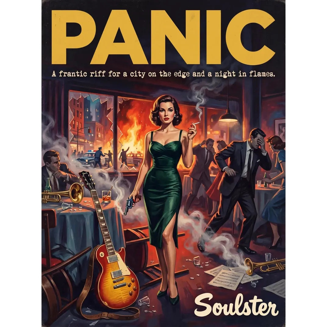 Soulster cinematic vintage pulp book cover art print illustration styled in a classic 1950s design layout inspired by Panic.