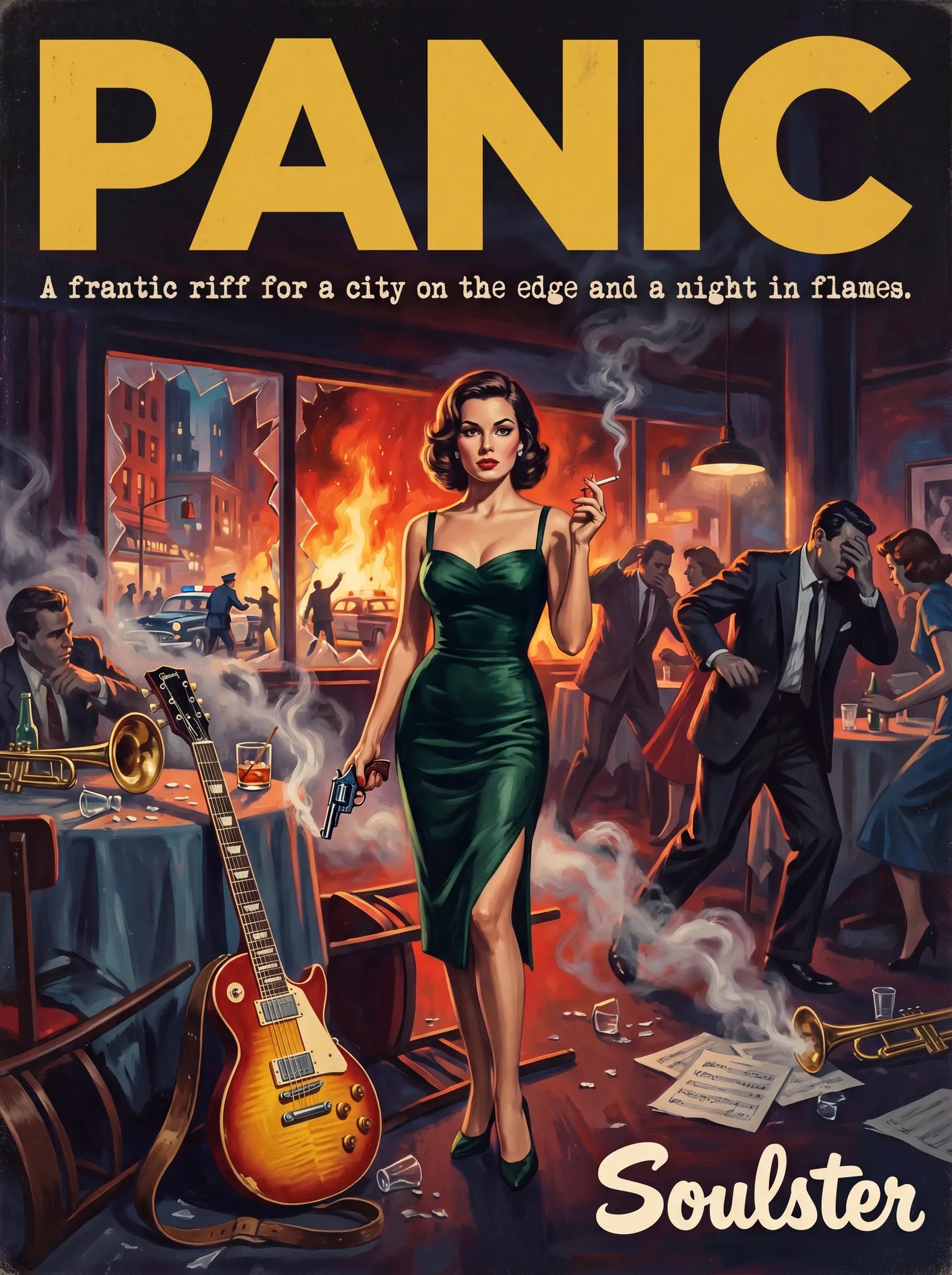 Soulster cinematic vintage pulp book cover art print illustration styled in a classic 1950s design layout inspired by Panic.
