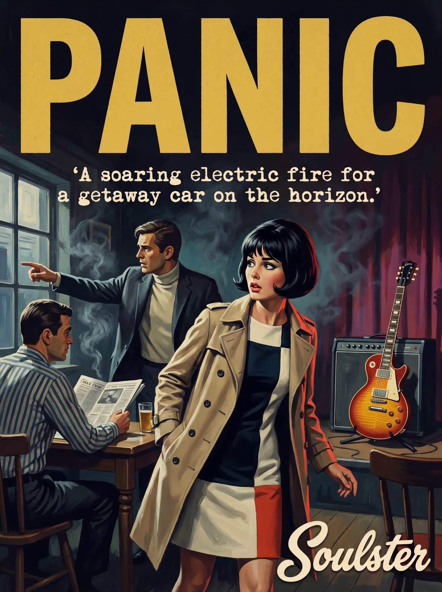 Soulster cinematic vintage pulp book cover art print illustration styled in a classic 1960s design layout inspired by Panic.