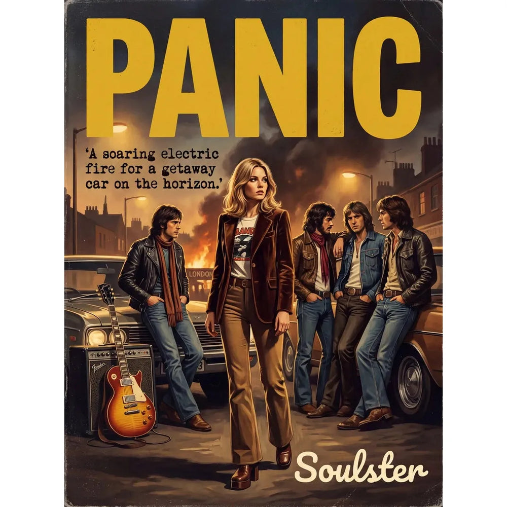 Soulster cinematic vintage pulp book cover art print illustration styled in a classic 1970s design layout inspired by Panic.