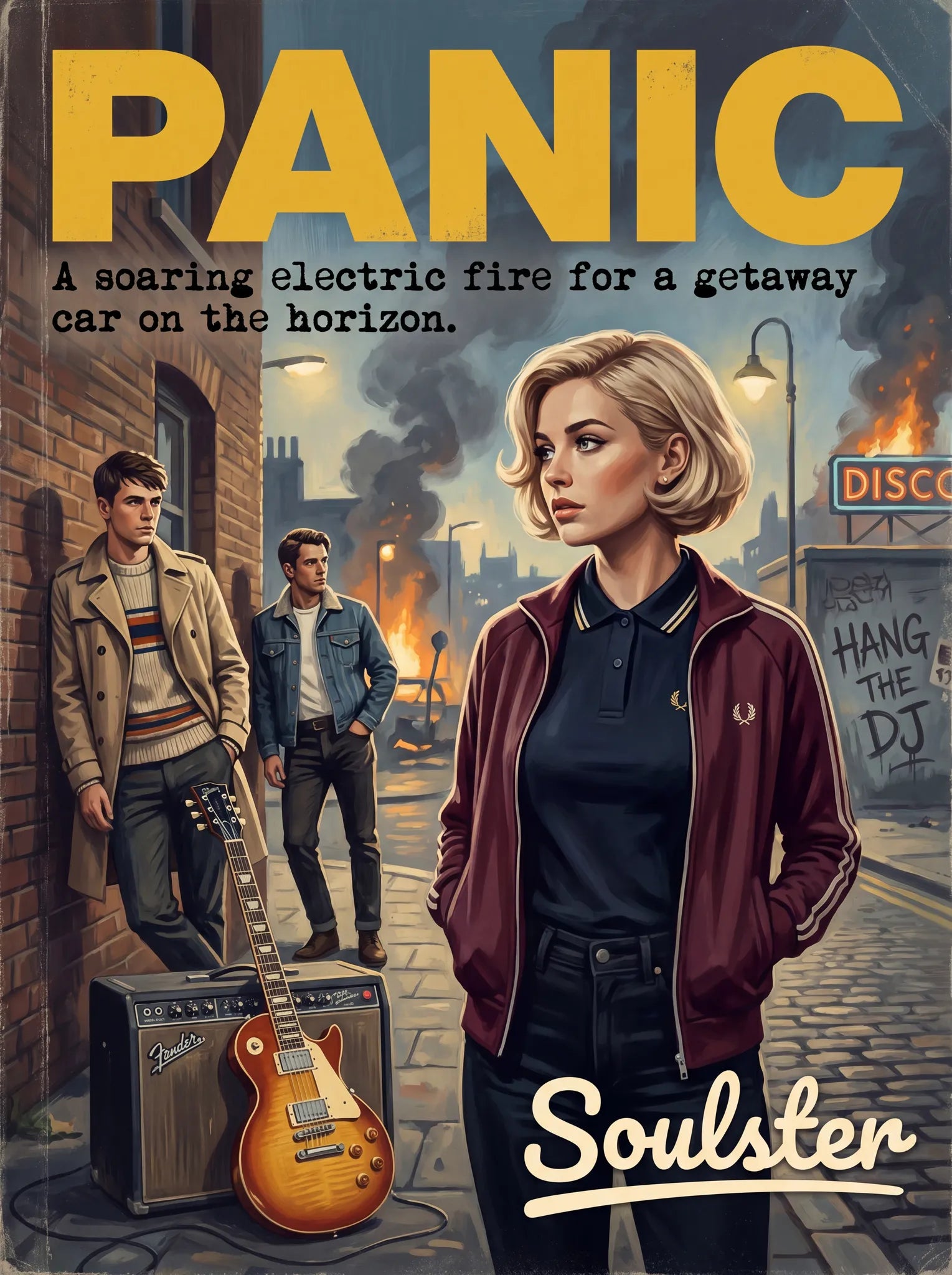 Soulster retro pulp thriller book cover style art print illustration inspired by The Smiths - Panic.
