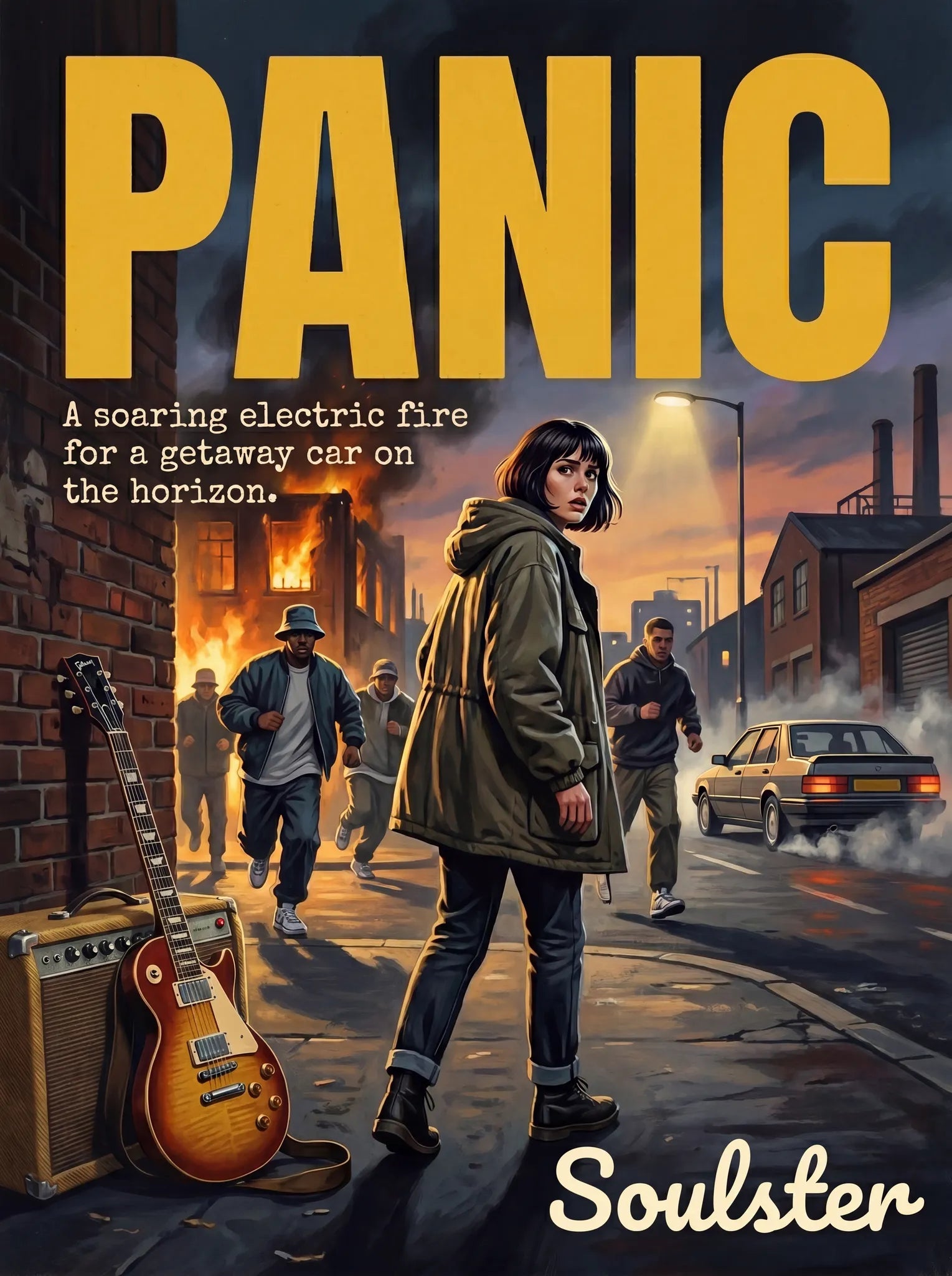 Soulster cinematic vintage pulp book cover art print illustration styled in a classic 1990s design layout inspired by Panic.