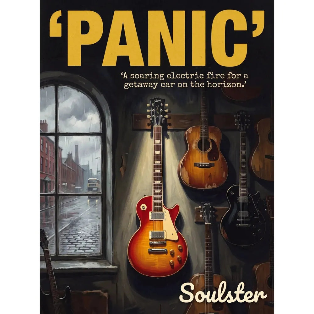 Soulster Manchester Edition wall art print showing a cinematic pulp style design of a Gibson Les Paul Standard inspired by Panic.