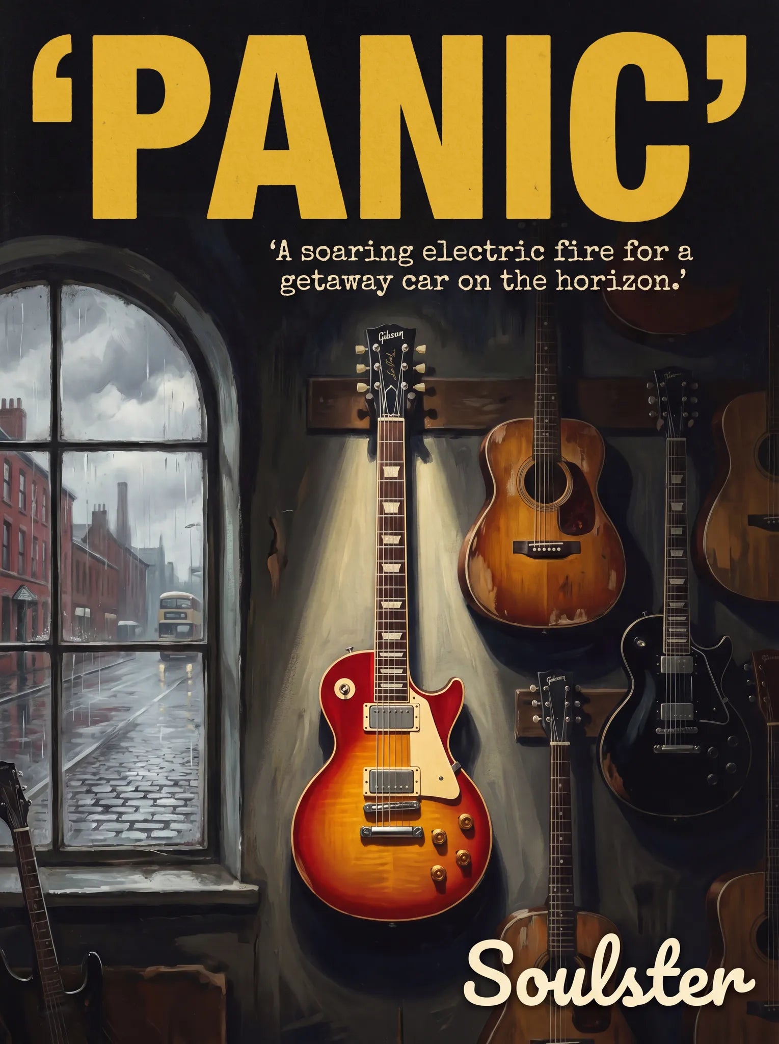 Soulster Manchester Edition wall art print showing a cinematic pulp style design of a Gibson Les Paul Standard inspired by Panic.