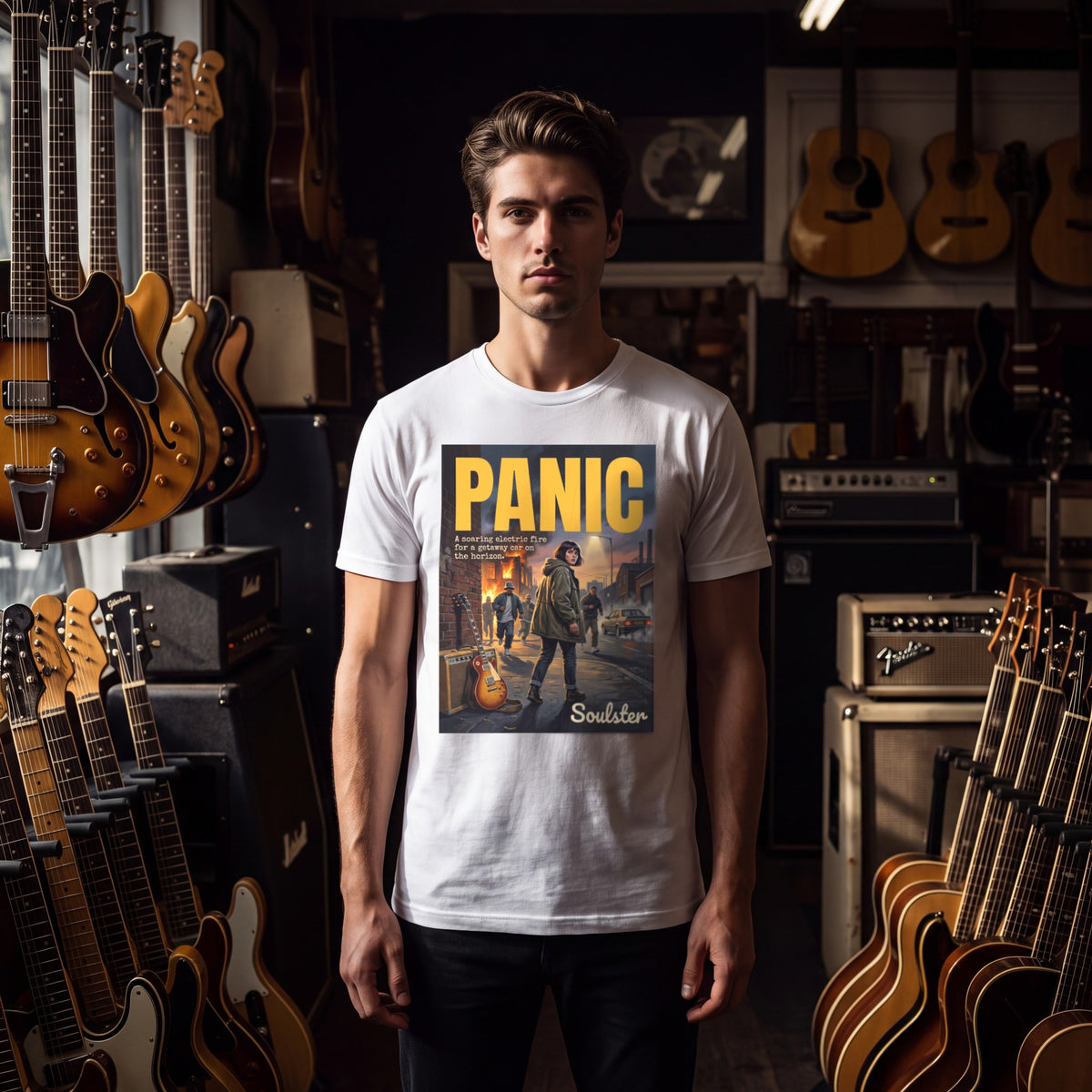 Man wearing the Panic T-Shirt - Northern Life Edition, front view in a vintage guitar shop.