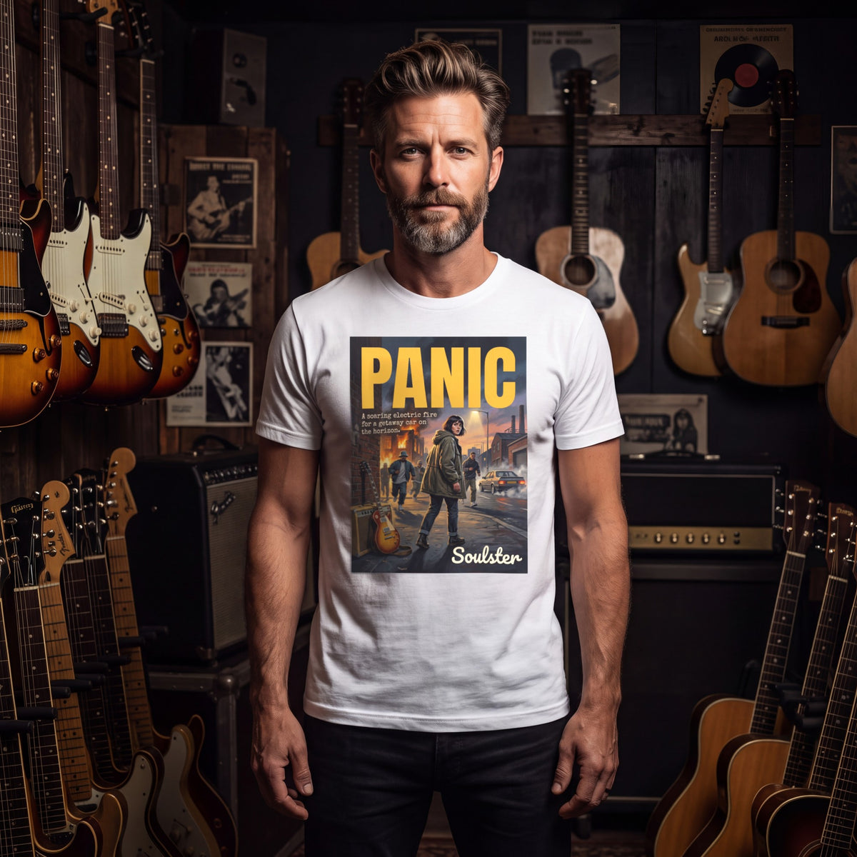 Man wearing the Panic T-Shirt - Northern Life Edition among vintage guitars and amplifiers.