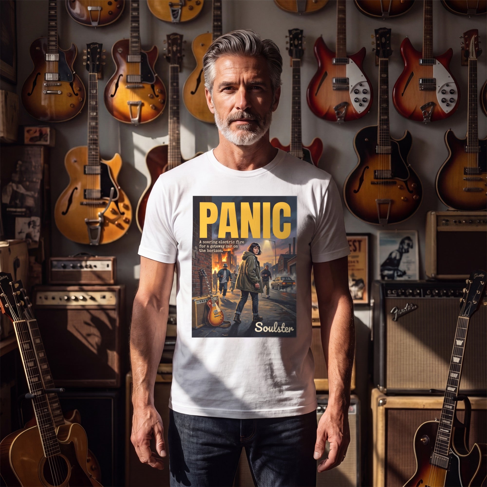 Man wearing the Panic T-Shirt - Northern Life Edition in a guitar shop in natural daylight.