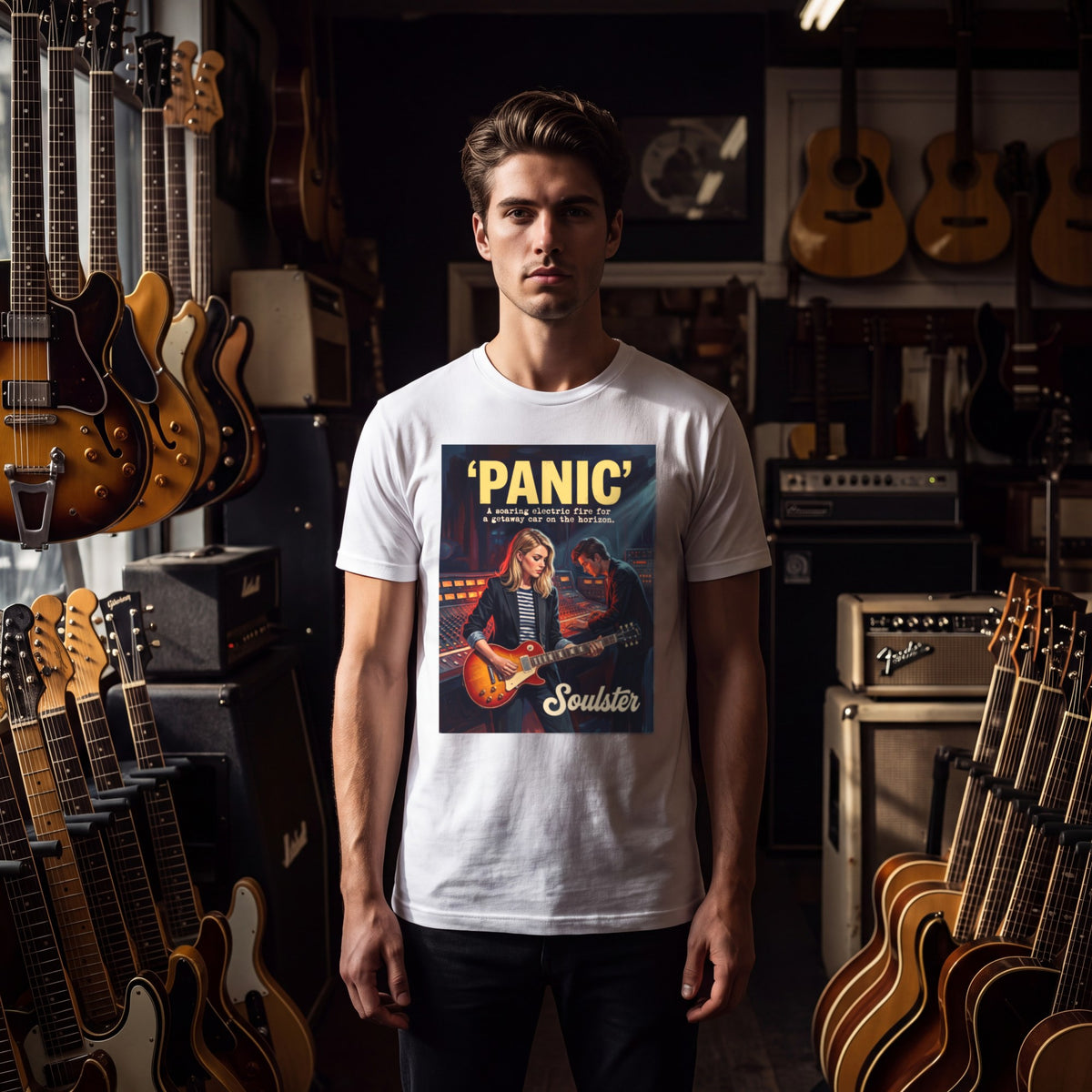 Man wearing the Panic T-Shirt - Studio Life Edition, front view in a vintage guitar shop.