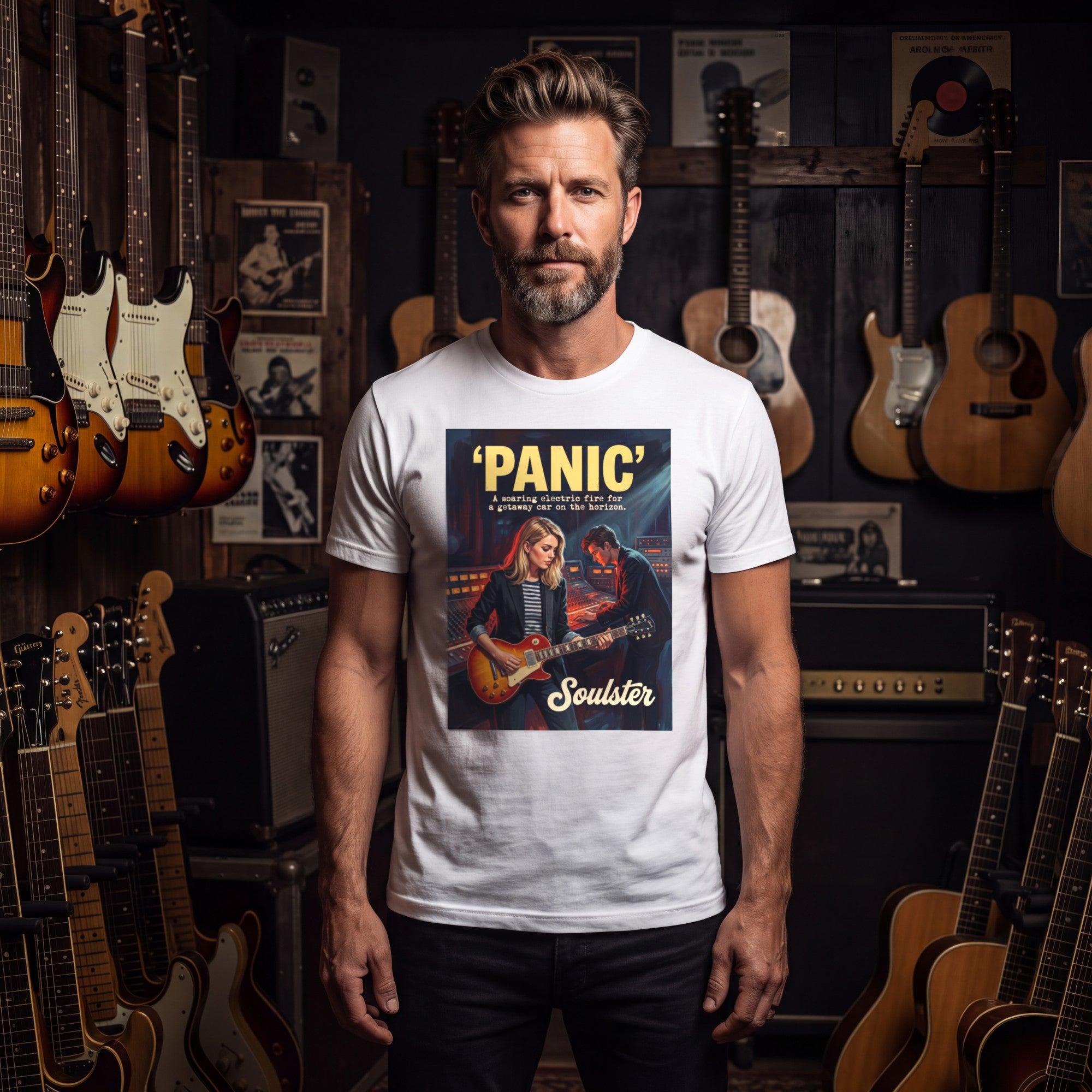 Man wearing the Panic T-Shirt - Studio Life Edition among vintage guitars and amplifiers.
