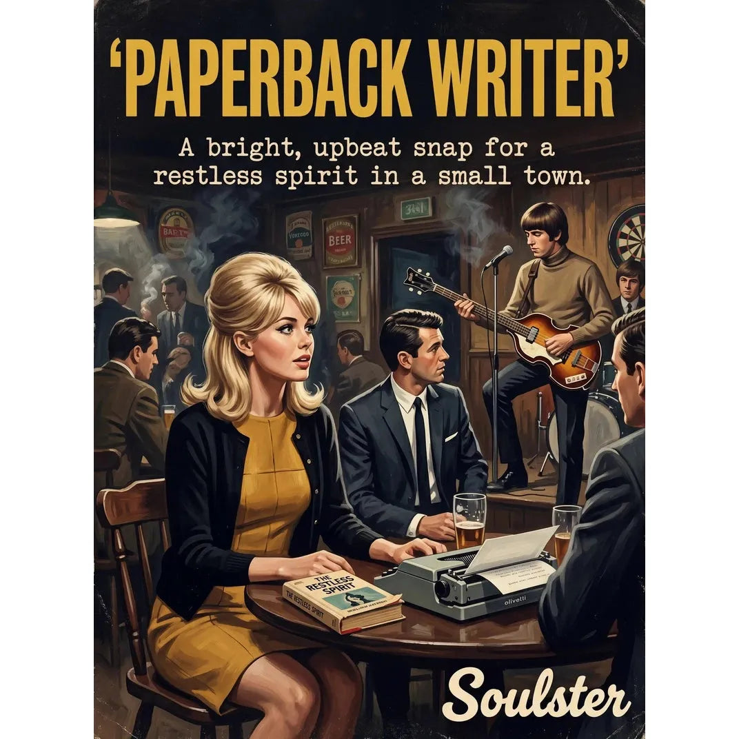 Soulster cinematic vintage pulp book cover art print illustration styled in a classic 1960s design layout inspired by Paperback Writer.