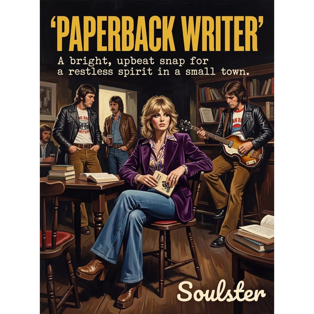 Soulster cinematic vintage pulp book cover art print illustration styled in a classic 1970s design layout inspired by Paperback Writer.