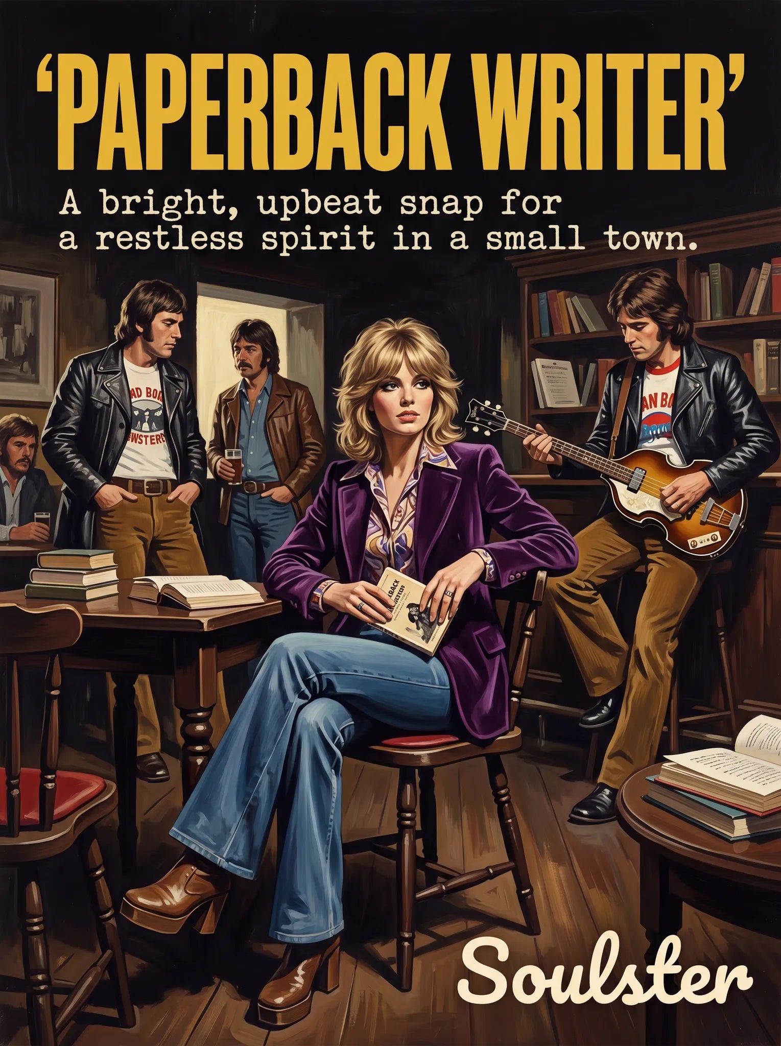 Soulster cinematic vintage pulp book cover art print illustration styled in a classic 1970s design layout inspired by Paperback Writer.