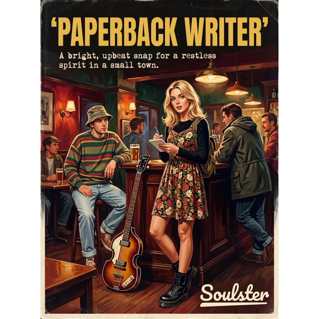 Soulster cinematic vintage pulp book cover art print illustration styled in a classic 1990s design layout inspired by Paperback Writer.