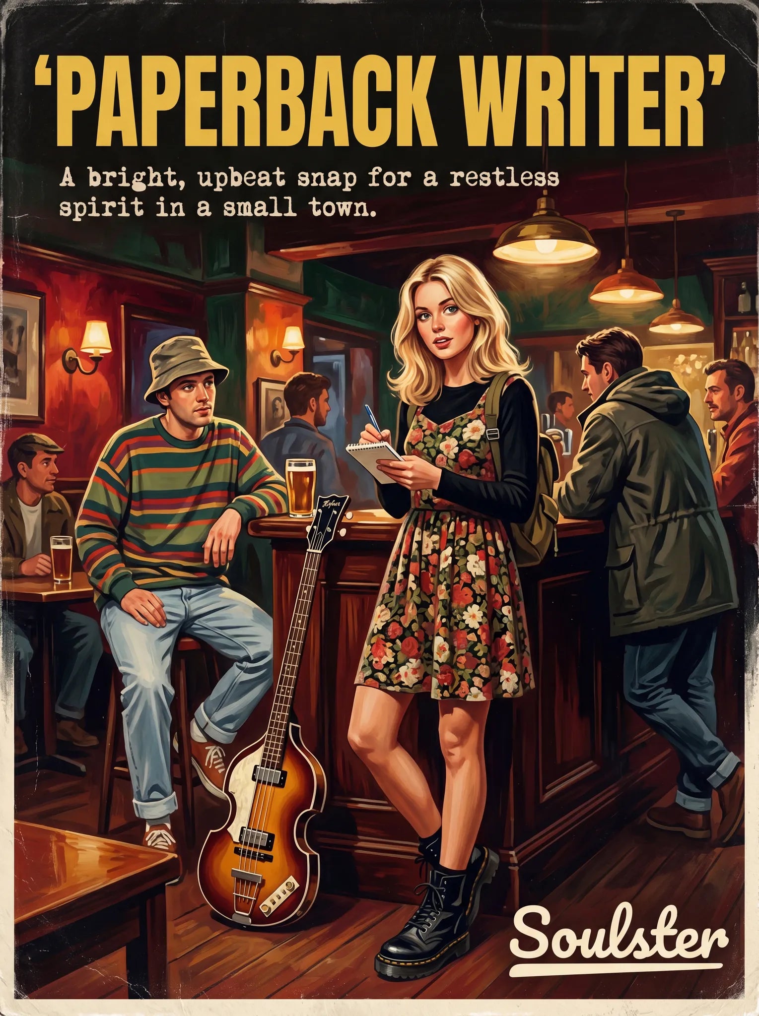 Soulster cinematic vintage pulp book cover art print illustration styled in a classic 1990s design layout inspired by Paperback Writer.