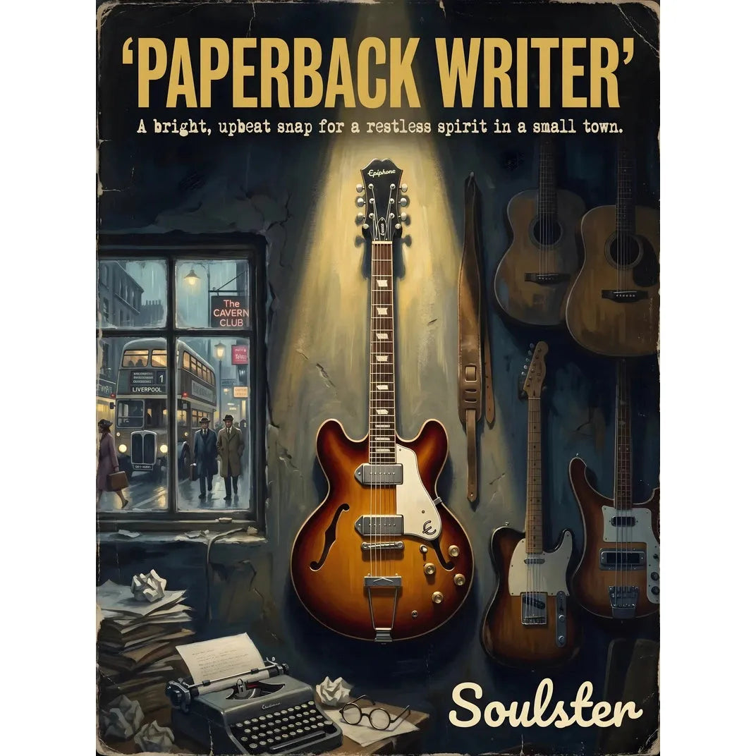Soulster Manchester Edition wall art print showing a cinematic pulp style design of a Epiphone Casino inspired by Paperback Writer - Liverpool.