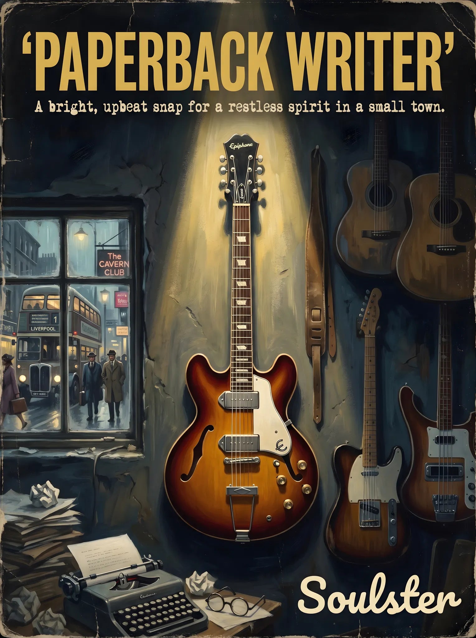 Soulster Manchester Edition wall art print showing a cinematic pulp style design of a Epiphone Casino inspired by Paperback Writer - Liverpool.