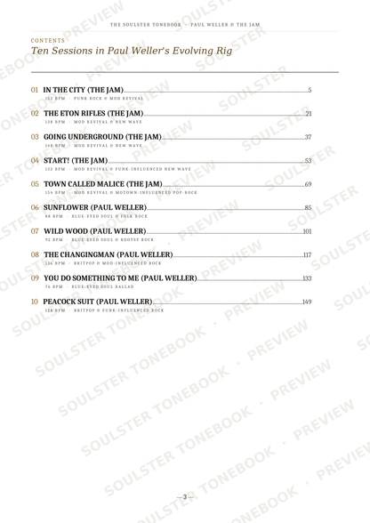 A printed table of contents page from a book, showing the title 'Ten Sessions in Paul Weller's Evolving Rig' and a list of chapters with page numbers. The page has a white background with black text and repeated diagonal 'SOULSTATER TONEBOOK' watermarks across it.