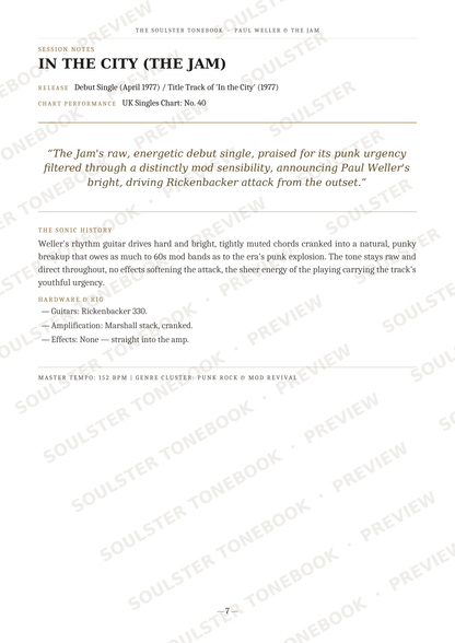 A single-page music book or article page showing printed text about the song 'In the City (The Jam)' with a large title, song text, liner notes, and a faint diagonal 'SOULSTERSONGBOOK.COM PREVIEW' watermark across the page.