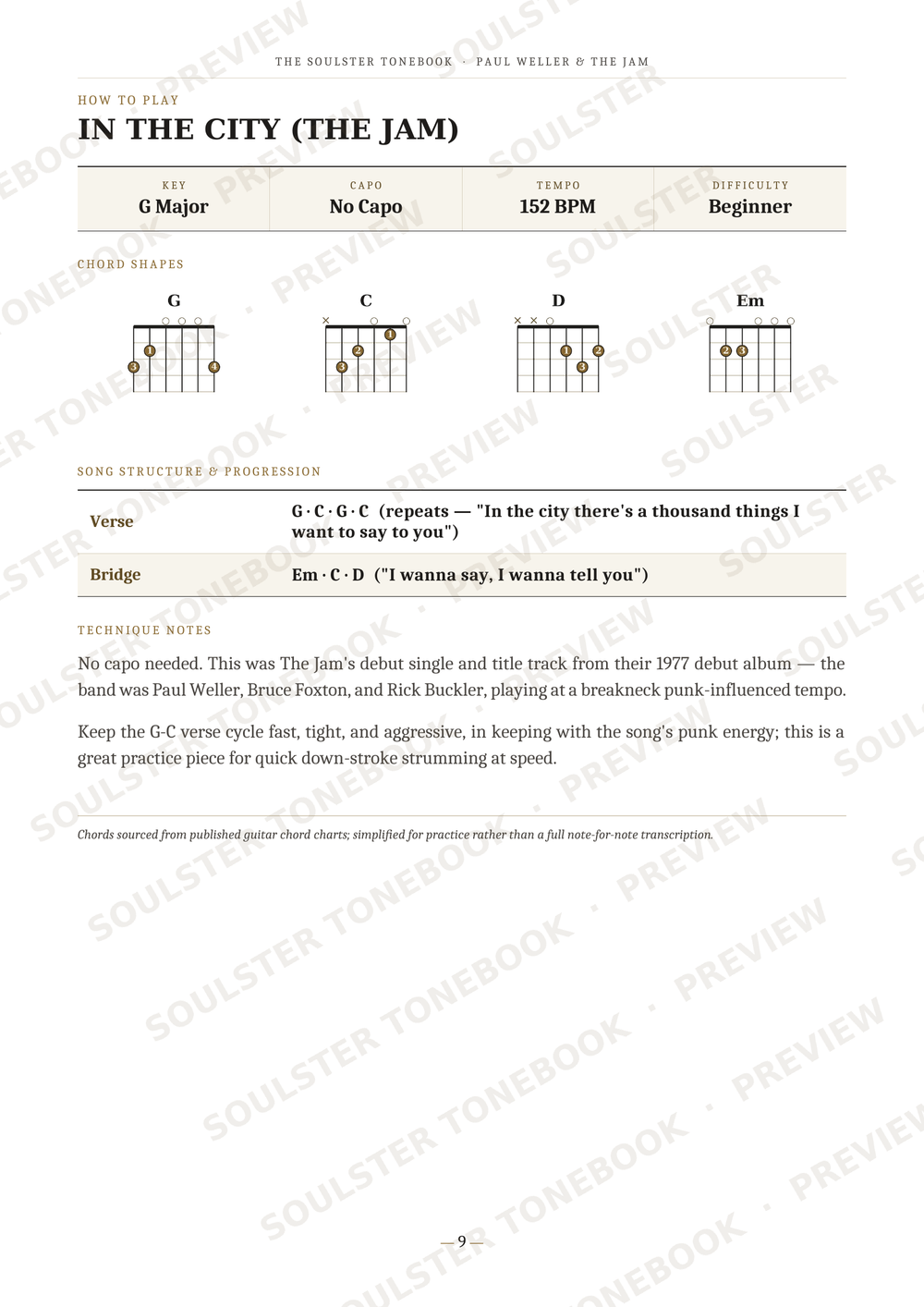 A printed guitar instruction sheet titled 'IN THE CITY (THE JAM)' with chord diagrams, song details, and lyrics on a white page with faint watermark text.