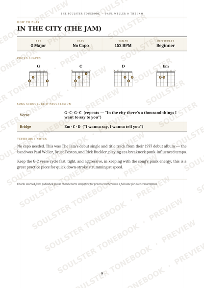 A printed guitar instruction sheet titled 'IN THE CITY (THE JAM)' with chord diagrams, song details, and lyrics on a white page with faint watermark text.