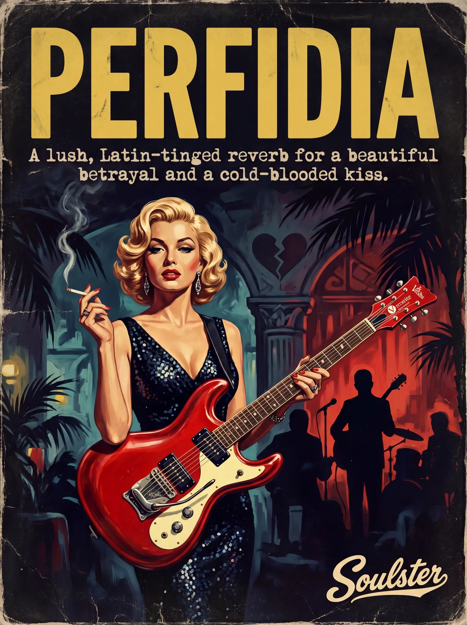 Soulster cinematic vintage pulp book cover art print illustration styled in a classic 1950s theme inspired by Perfidia.