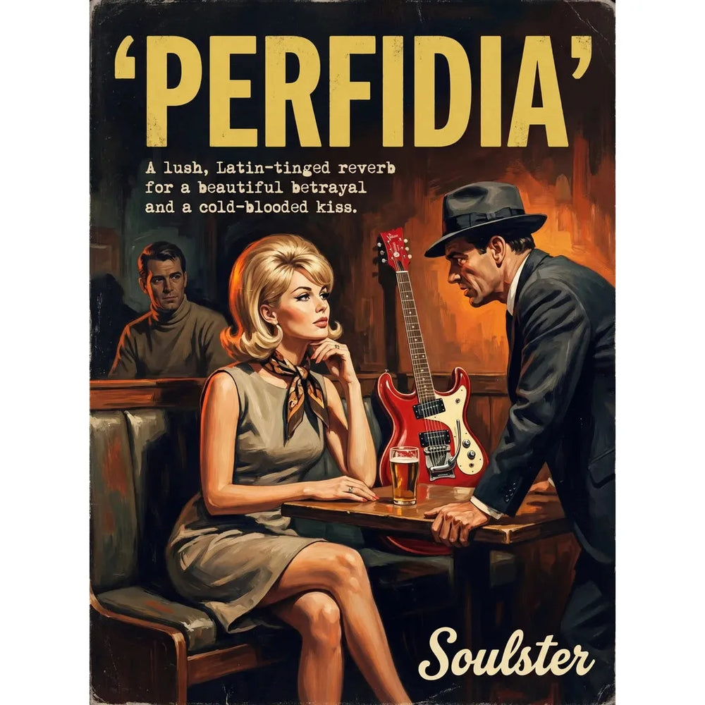 Soulster cinematic vintage pulp book cover art print illustration styled in a classic 1960s theme inspired by Perfidia.