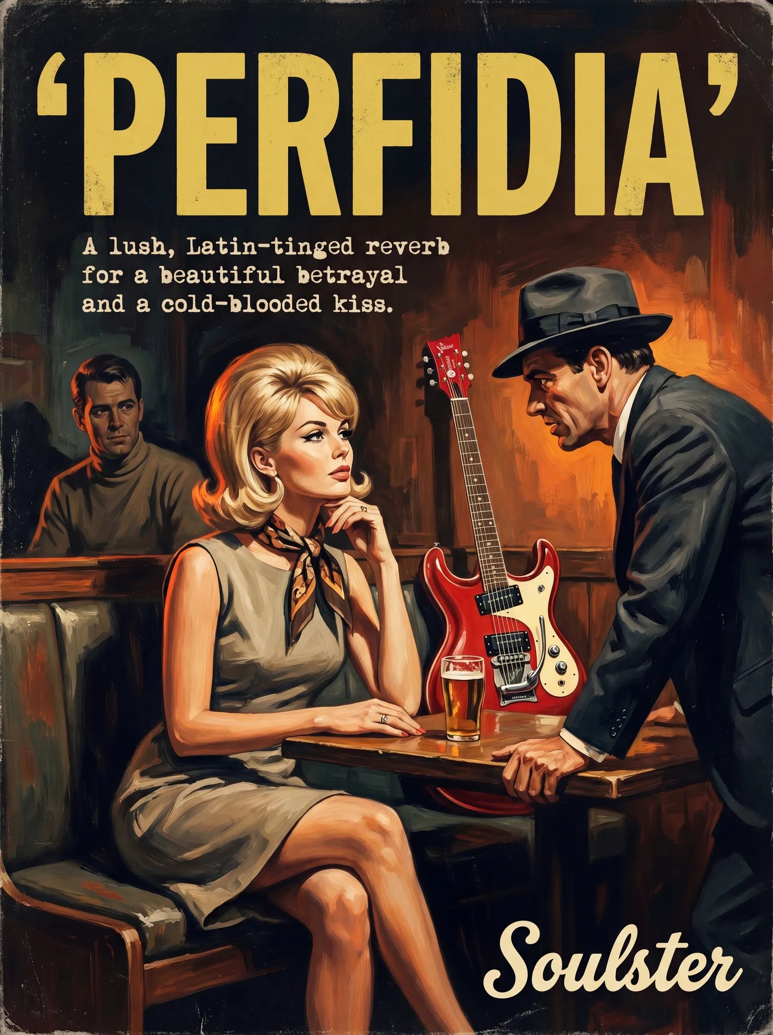Soulster cinematic vintage pulp book cover art print illustration styled in a classic 1960s theme inspired by Perfidia.